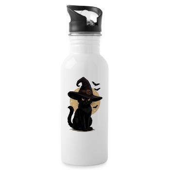 Black Cat in Witch Hat Moonlit Night - Water bottle with straw - white - Right