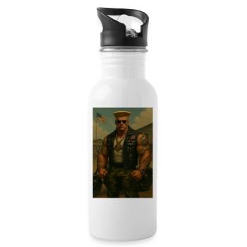 Military Biker – Blond Warrior in Medal Vest - Water bottle with straw - white - Right