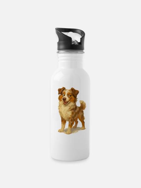 Frecher Australian Shepherd Cartoon - Trinkflasche mit integriertem Trinkhalm - Weiß