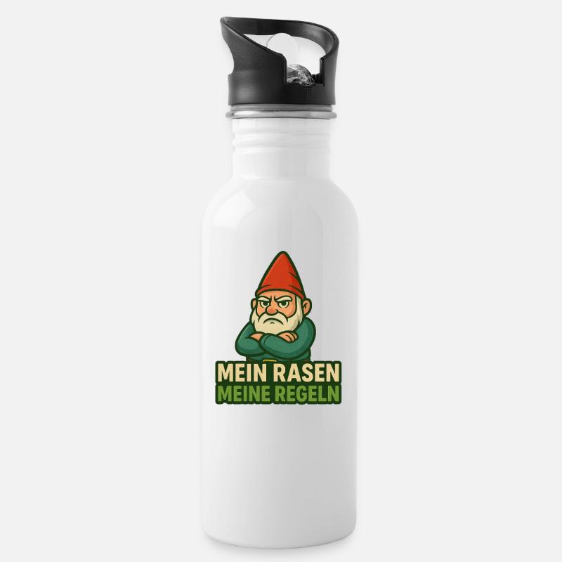 GartenGnom Spruch: Mein Rasen Meine Regeln - Trinkflasche mit integriertem Trinkhalm - Weiß