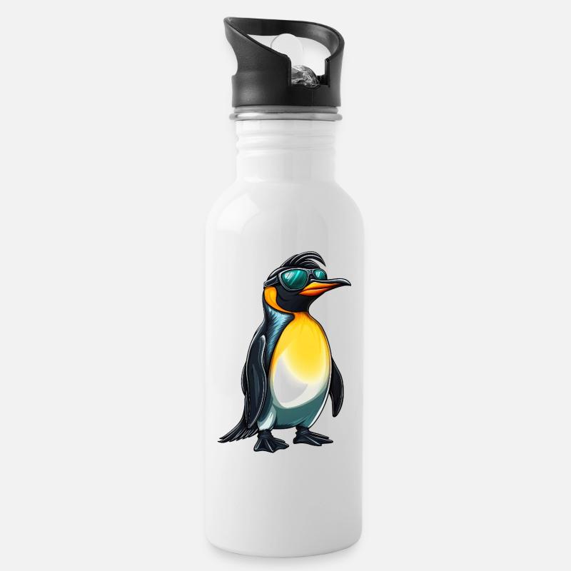 lustiger Pinguin mit Sonnenbrille :) - Trinkflasche mit integriertem Trinkhalm - Weiß
