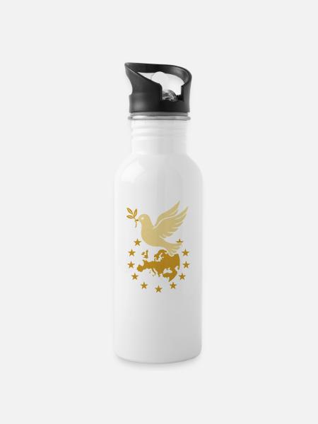 „Europa & Friedenstaube“ – Einheit in Vielfalt - Trinkflasche mit integriertem Trinkhalm - Weiß
