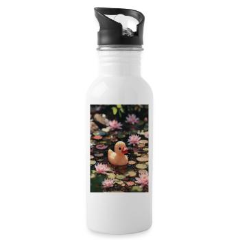Ente unter Seerosen - Trinkflasche mit integriertem Trinkhalm - Weiß - Rechts