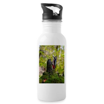Specht auf moosigem Baumstamm - Trinkflasche mit integriertem Trinkhalm - Weiß - Rechts