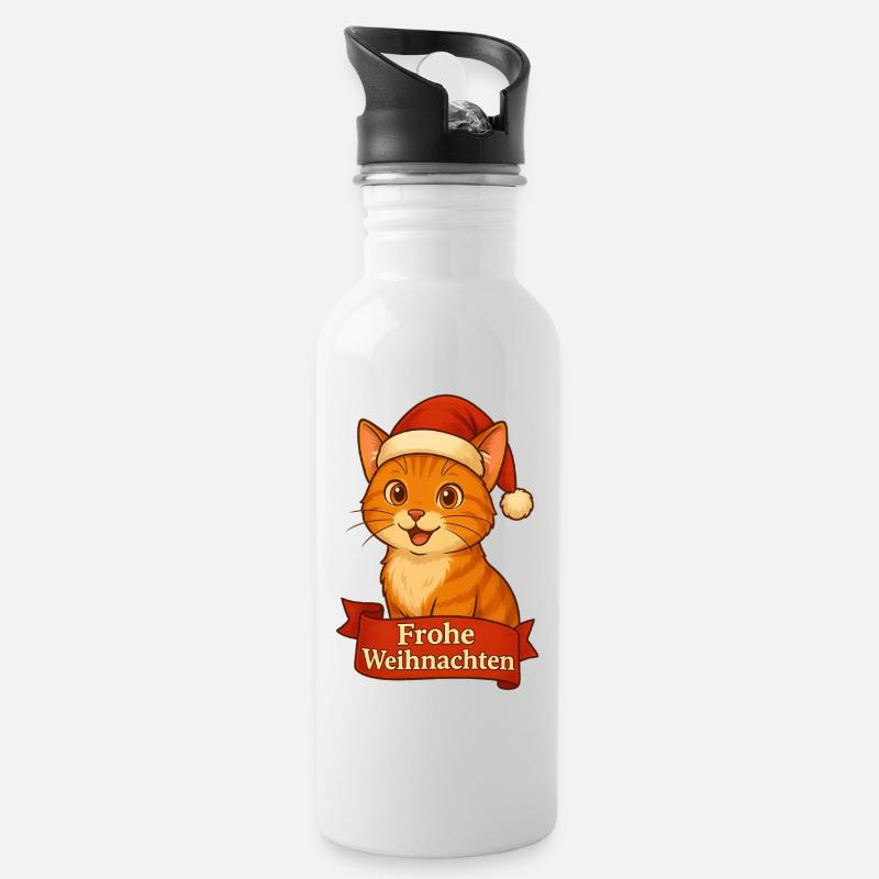 Katzenweihnachtskater mit Santa-Hut - Trinkflasche mit integriertem Trinkhalm - Weiß