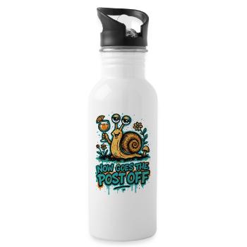 Now Goes The Post Off –Lustiges Denglisch Graffiti - Trinkflasche mit integriertem Trinkhalm - Weiß - Rechts