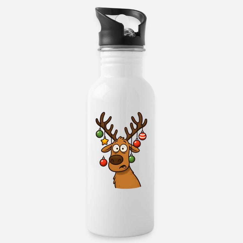 Rentier - Trinkflasche mit integriertem Trinkhalm - Weiß