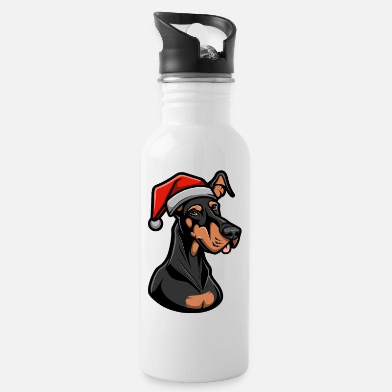 Dobermann Hund Weihnachten - Trinkflasche mit integriertem Trinkhalm - Weiß