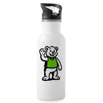 Maskottchen: Winken Bär im Grünen Shirt - Trinkflasche mit integriertem Trinkhalm - Weiß - Rechts