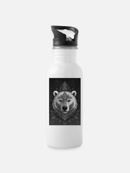 Geometric Bear Head Mandala - Water bottle with straw - white