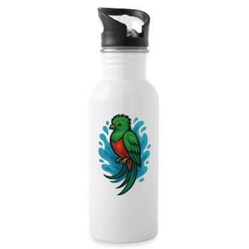Grüner Quetzal-Vogel mit blauem Aquarell - Trinkflasche mit integriertem Trinkhalm - Weiß - Rechts