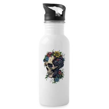 Floral skull and steampunk machine - Water bottle with straw - white - Right