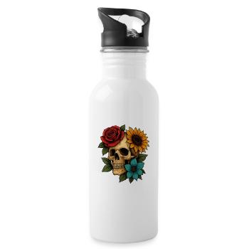 Skull & Bloom Fusion Art – Bold Floral Skeleton De - Water bottle with straw - white - Right