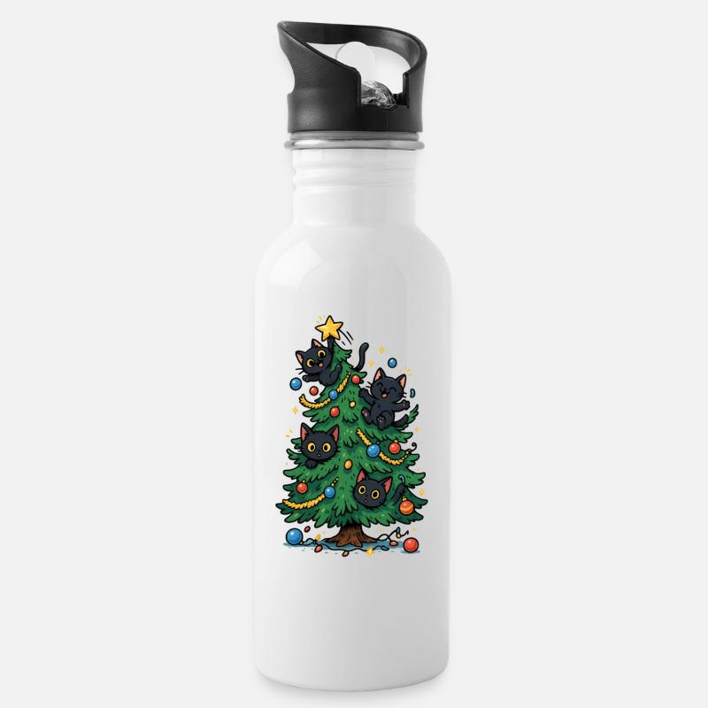 Weihnachtsbaum mit Katzen - Trinkflasche mit integriertem Trinkhalm - Weiß