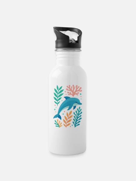Delfintraum im Korallenmeer - Trinkflasche mit integriertem Trinkhalm - Weiß