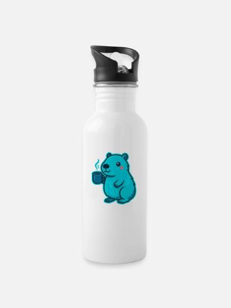 Blauer Capybara mit Kaffee - Trinkflasche mit integriertem Trinkhalm - Weiß