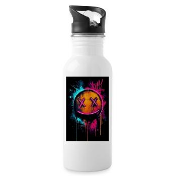 Neon-Graffiti-Smiley mit X-Augen - Trinkflasche mit integriertem Trinkhalm - Weiß - Rechts
