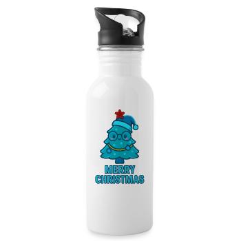 Blue cartoon Christmas tree with glasses - Water bottle with straw - white - Right
