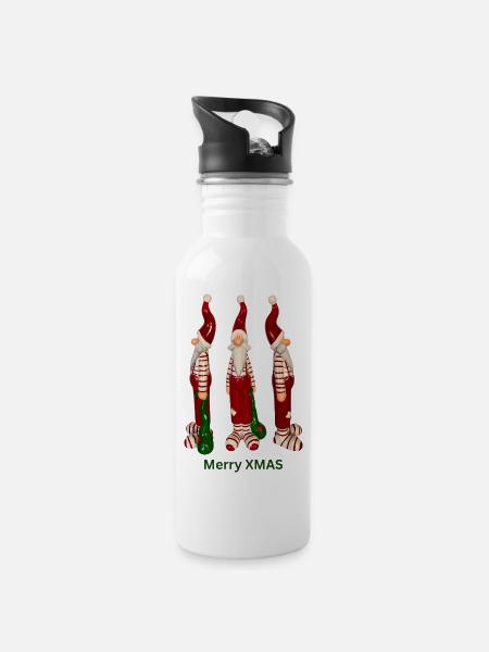 lustiger Weihnachtsmann vorne, rechts, links - Trinkflasche mit integriertem Trinkhalm - Weiß