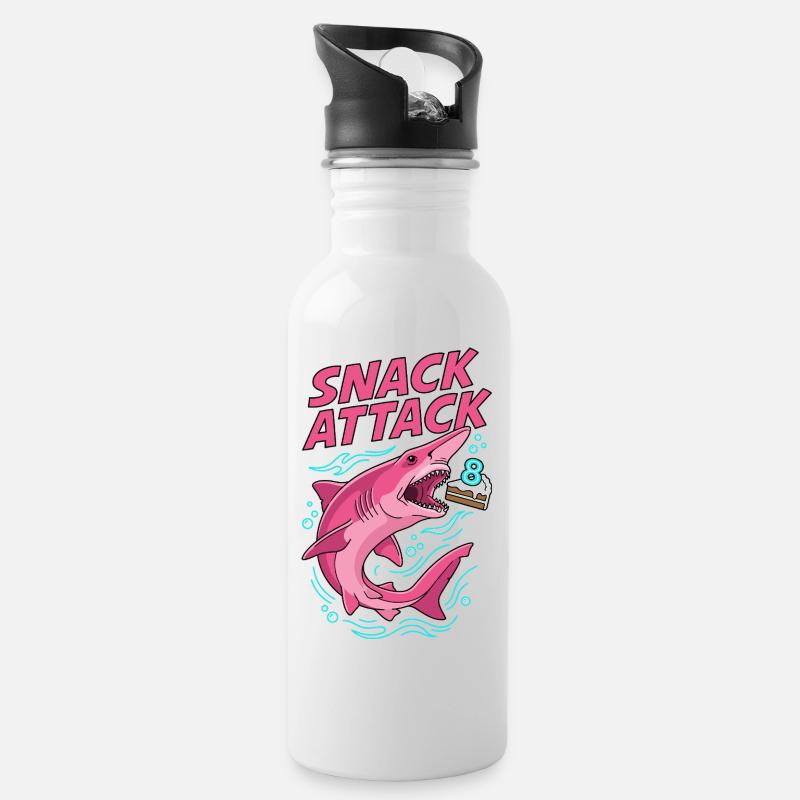Snack Attack 8. Geburtstag Hai - Trinkflasche mit integriertem Trinkhalm - Weiß