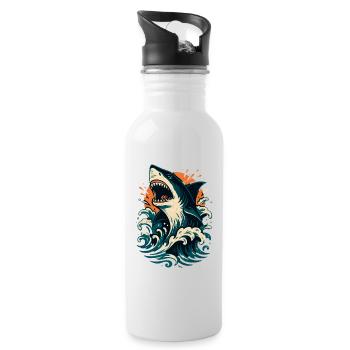 Shark roars through orange waves - Water bottle with straw - white - Right