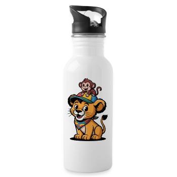 Süßer Löwe und Affe – Beste Freunde - Trinkflasche mit integriertem Trinkhalm - Weiß - Rechts