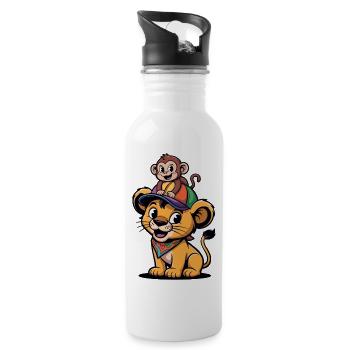 Kleiner Löwe mit Affenbegleiter - Trinkflasche mit integriertem Trinkhalm - Weiß - Rechts
