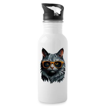 Katzensommer: Katze mit Orange-Sonnenbrille - Trinkflasche mit integriertem Trinkhalm - Weiß - Rechts