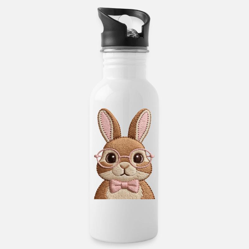 Süßer Osterhase mit Brille & Schleife – Stickoptik - Trinkflasche mit integriertem Trinkhalm - Weiß