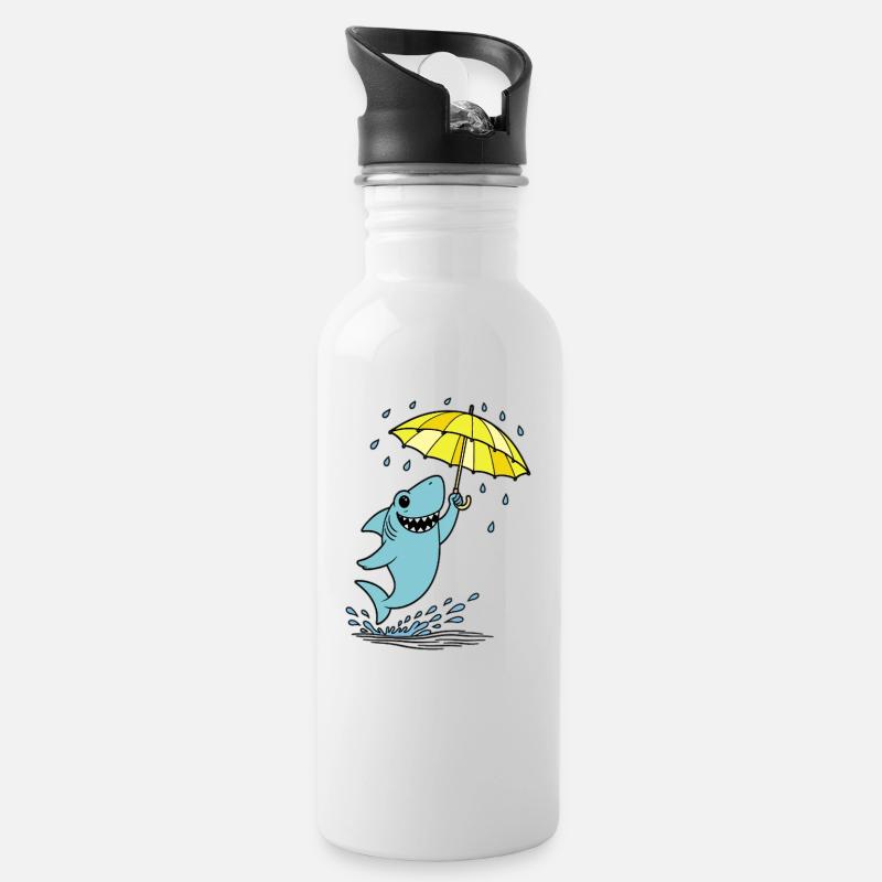 Schirmhai im Regen - Trinkflasche mit integriertem Trinkhalm - Weiß