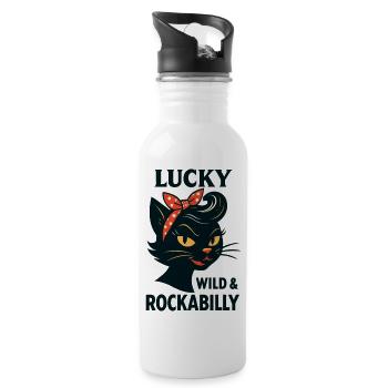 Lucky, Wild & Rockabilly: Black Retro Cat - Water bottle with straw - white - Right