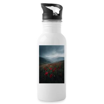 Red Poppy Ridge in Mist - Water bottle with straw - white - Right