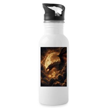 Mondbeschienener Drache über feurigen Wolken - Trinkflasche mit integriertem Trinkhalm - Weiß - Rechts
