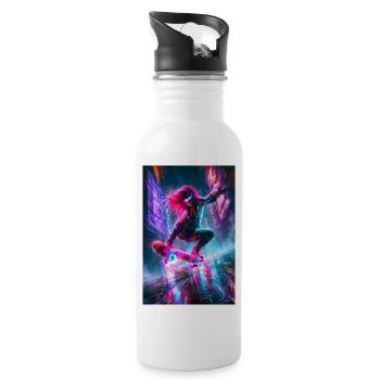 Neon Cyberpunk Skater in Rain - Water bottle with straw - white - Right