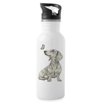 Dackel mit Schmetterling Profil Skizze Banksy Stil - Trinkflasche mit integriertem Trinkhalm - Weiß - Rechts