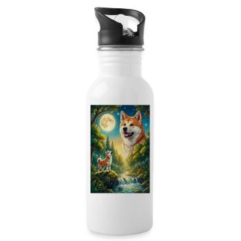 Howling to the Moon Meme Animal Dog Akita Inu - Water bottle with straw - white - Right