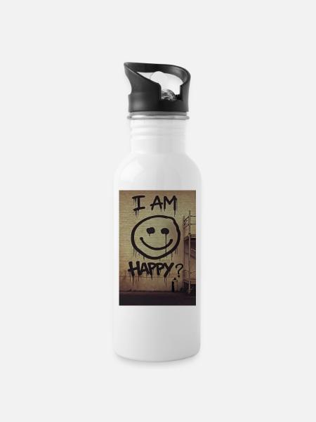 Ich bin glücklich? Graffiti - Trinkflasche mit integriertem Trinkhalm - Weiß