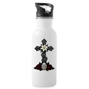 Dark Cross Lily Rose Design - Water bottle with straw - white - Right