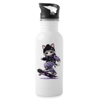 Katzen-Skateboarden - Trinkflasche mit integriertem Trinkhalm - Weiß - Rechts