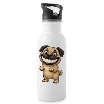 Lustiger Mops Comic zeigt Zähne - Trinkflasche mit integriertem Trinkhalm - Weiß - Rechts