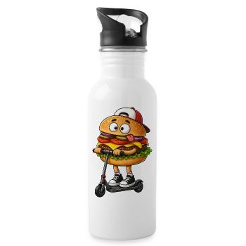 Lustiger Cartoon Roller Scooter mit Burger - Trinkflasche mit integriertem Trinkhalm - Weiß - Rechts