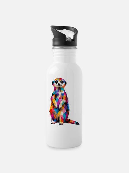 Buntes Erdmännchen mit Farbklecksen - Trinkflasche mit integriertem Trinkhalm - Weiß