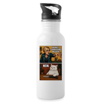 Küchenkonfrontation: Mutige Chefin vs Katze - Trinkflasche mit integriertem Trinkhalm - Weiß - Rechts
