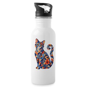 Patchwork Cat Floral Pattern - Water bottle with straw - white - Right