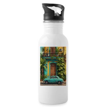 Tropischer Oldtimer im sonnenbeschienenen Innenhof - Trinkflasche mit integriertem Trinkhalm - Weiß - Rechts