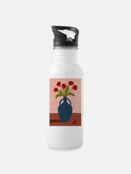 Red Poppies in Blue Vase - Trinkflasche mit integriertem Trinkhalm - Weiß