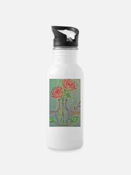 Zwei rote Rosen in einer Vase - Trinkflasche mit integriertem Trinkhalm - Weiß