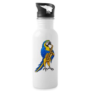 Ara spielt Saxophon – Buntes Musikmotiv - Trinkflasche mit integriertem Trinkhalm - Weiß - Rechts