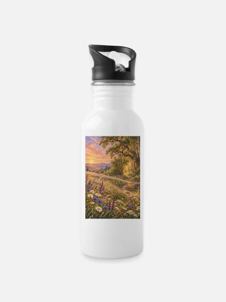 Wildblumenwiese am Waldrand - Trinkflasche mit integriertem Trinkhalm - Weiß