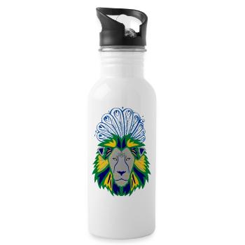 Löwenkopf mit Pfauenfedernkunst - Trinkflasche mit integriertem Trinkhalm - Weiß - Rechts